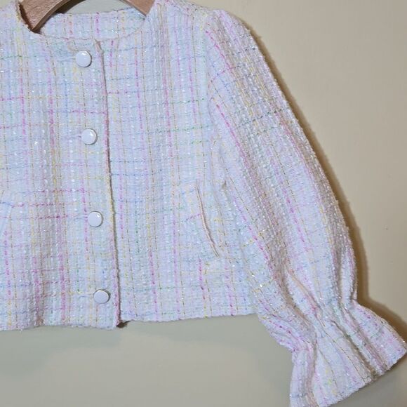 Janie & Jack Tweed Ruffle Sleeve Cropped Jacket Pastel Size 3 Dressy Preppy Luxe - Picture 7 of 14
